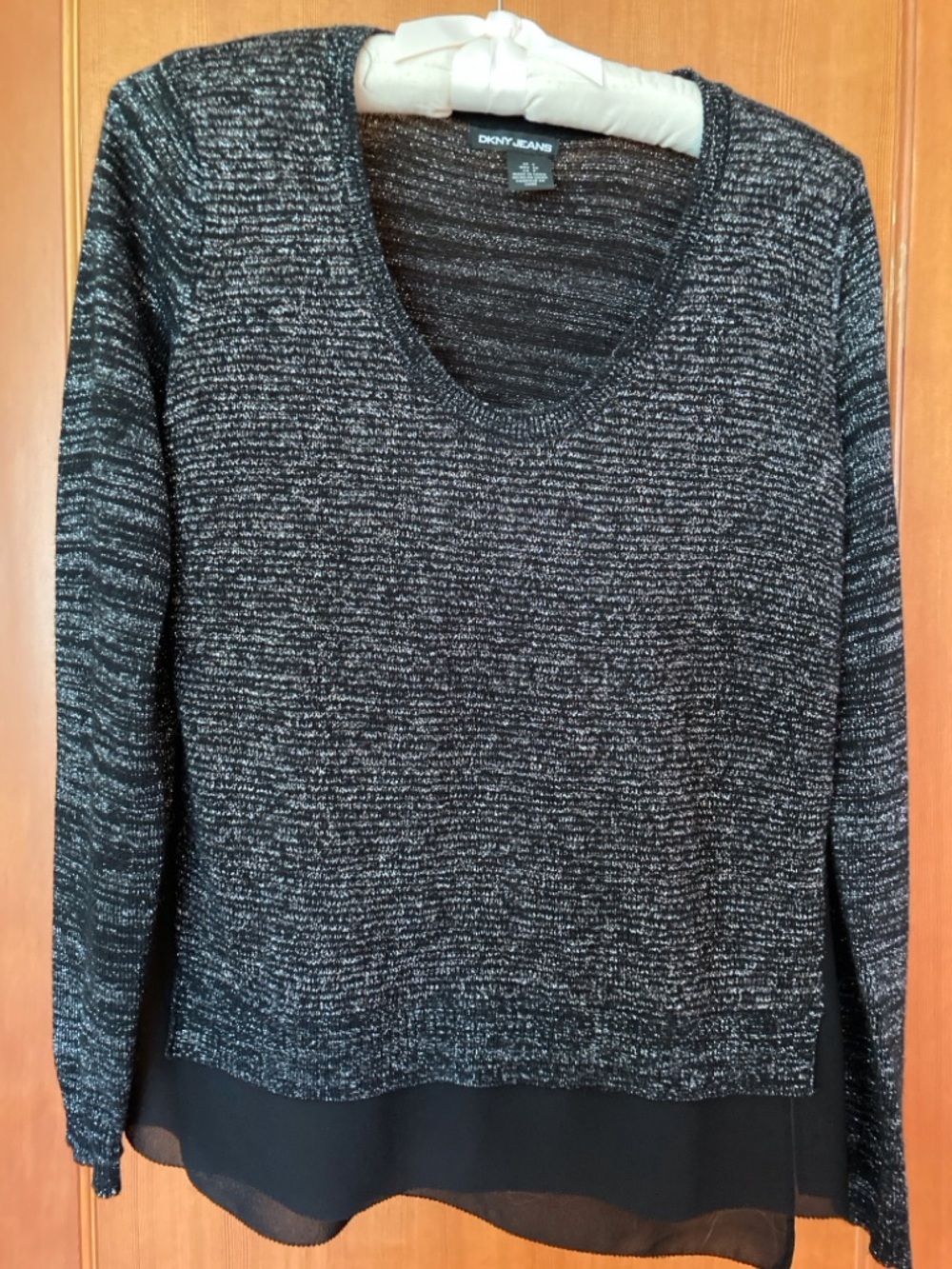 DKNY JEANS Black and Silver Metallic Scoop Neck Sweater with Sheer Layered Hem S